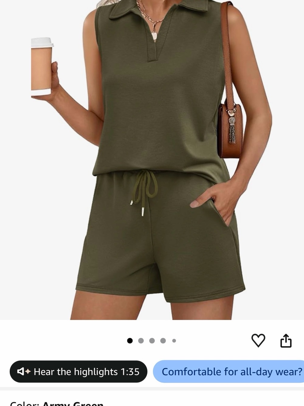 Sleeveless Collared Army Green Women’s Shorts Set
